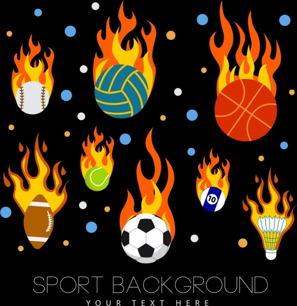 スポーツは装飾を燃えるような様々 なボールのアイコンを背景します。