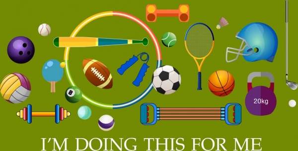 olahraga banner bola berat alat ikon desain warna-warni