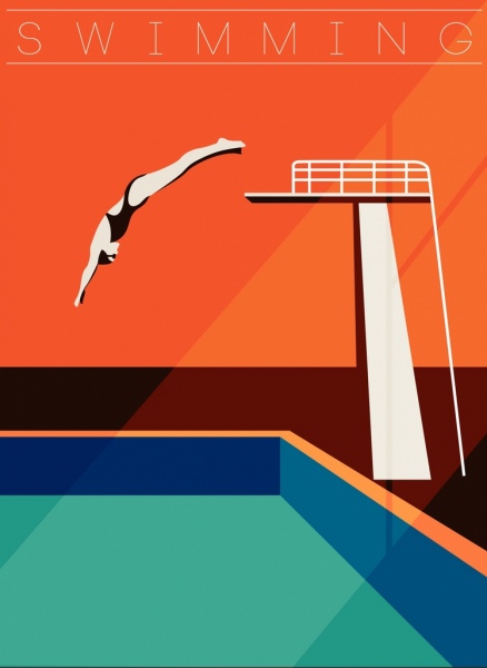 piscina de trampolim de bandeira esportes ícones de mulher de salto