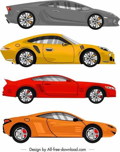 ícones de modelos de carro esportivo colorido design moderno