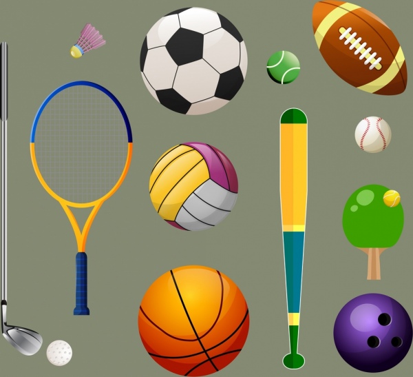 Spor öğeleri topu simgeleri çok renkli süsleme tasarlamak