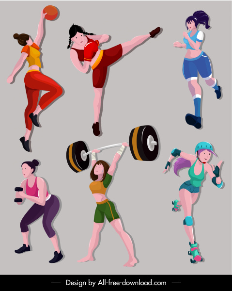 ragazze sportive icone colorate personaggi dei cartoni animati schizzo