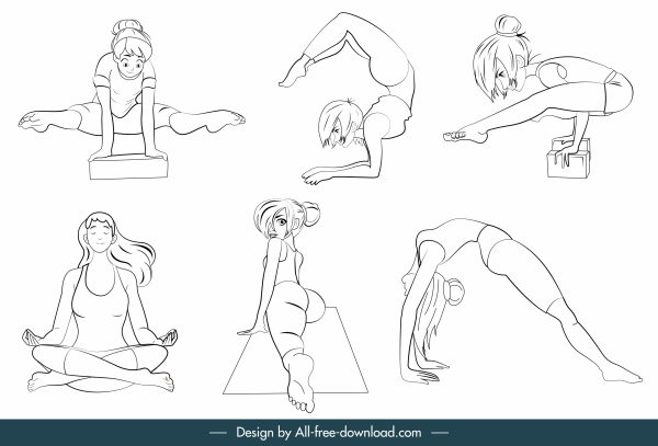 esportes meninas ícones gestos movimento desenhado à mão esboço de desenho animado