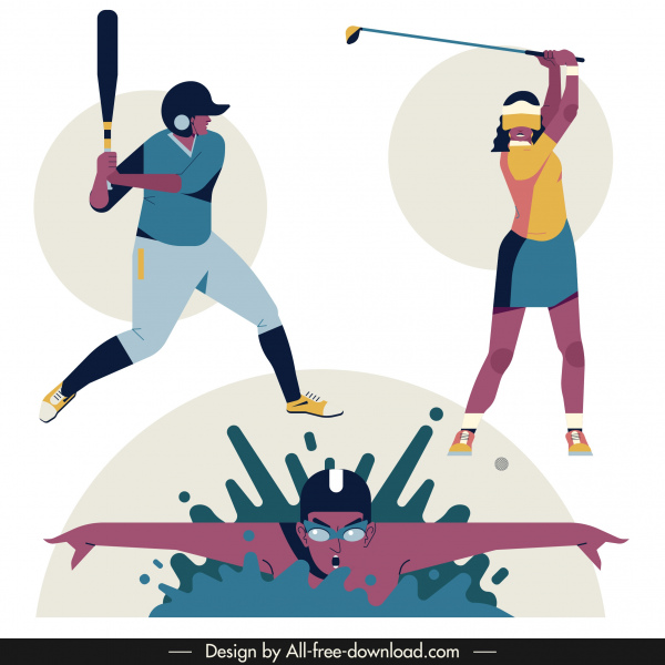 Sport-Ikonen Baseball Golf Schwimmen Skizze Cartoon-Design
