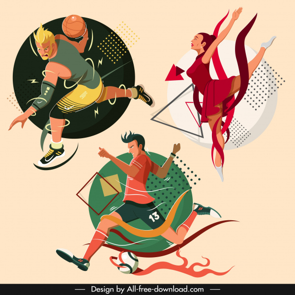 iconos deportivos baloncesto fútbol ballet sketch dibujos animados personajes