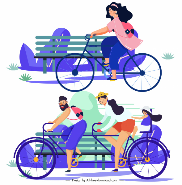 体育图标骑自行车素描彩色卡通人物