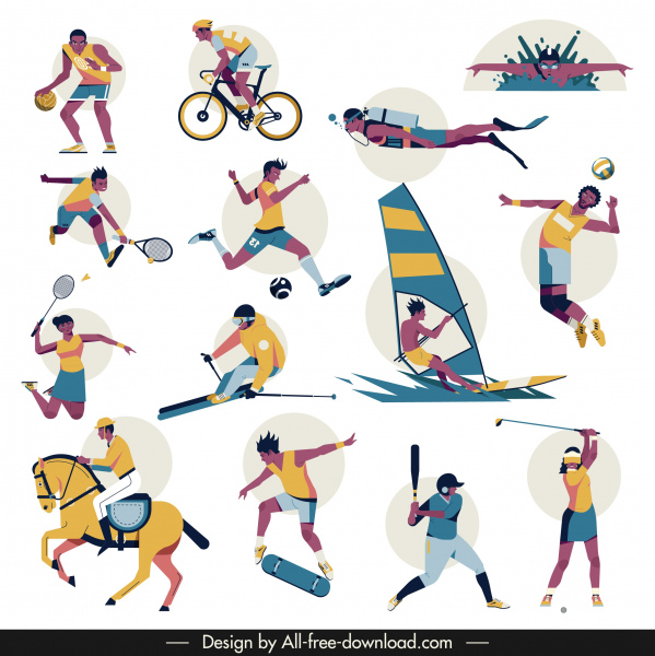 спортивные иконки мультипликационных персонажей эскиз красочный динамический дизайн