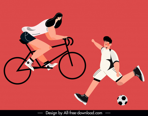 ícones esportivos ciclismo de futebol esboço personagens de desenho animado