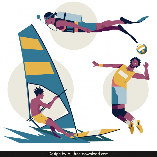 Sport-Ikonen Tauchen Volleyball Segeln Skizze Zeichentrickfiguren