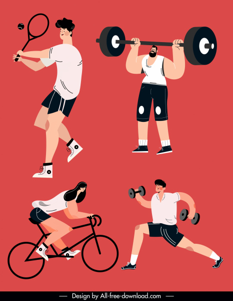 Sport-Ikonen Fitness-Studio Tennis Radfahren Skizze Cartoon-Design