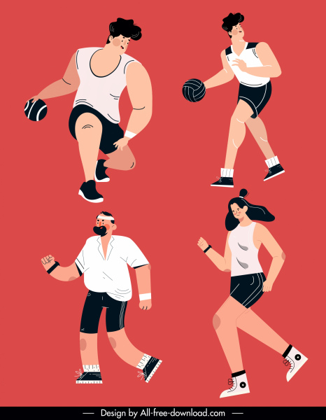 ícones esportivos movimento homem mulher esboço personagens de desenho animado