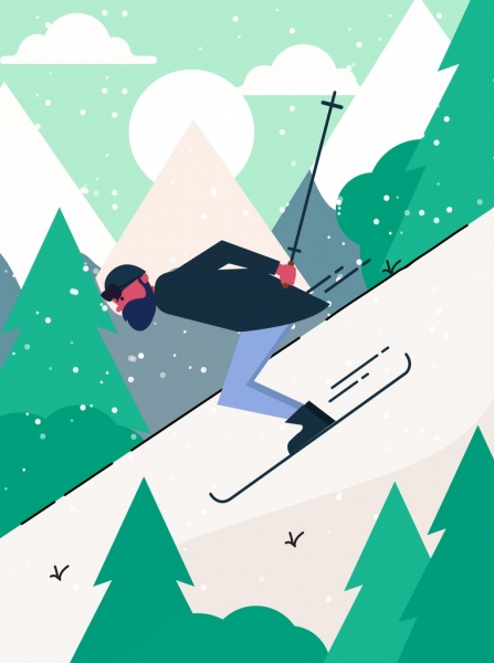 Спорт, живопись лыжные человек снега горы значки