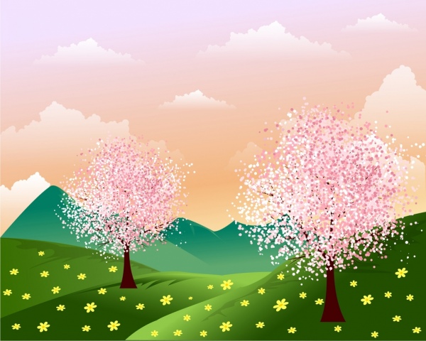 春天的背景，山上鮮花盛開的卡通圖案