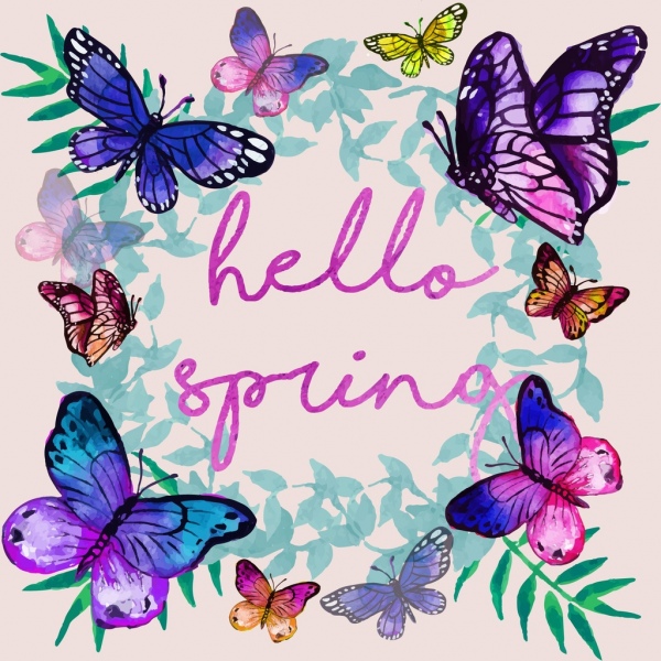 春天树叶手绘背景蝴蝶图标设计