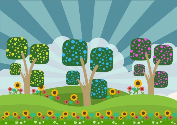 春天背景彩色卡通设计树木花卉装饰