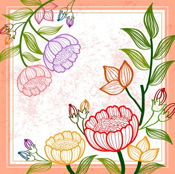 Frühling Hintergrund bunte Blumen Blätter Skizze