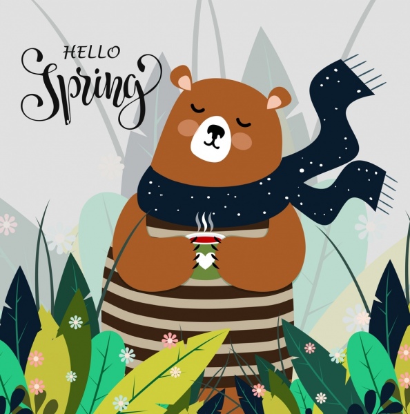musim semi latar belakang beruang lucu ikon kartun berwarna
