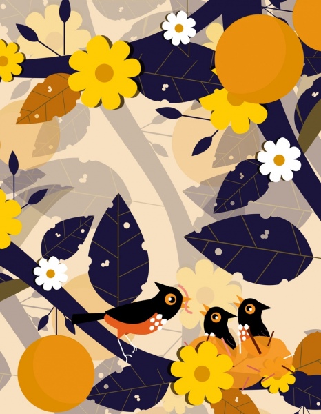 latar belakang musim semi bunga burung ikon dekorasi dekorasi klasik