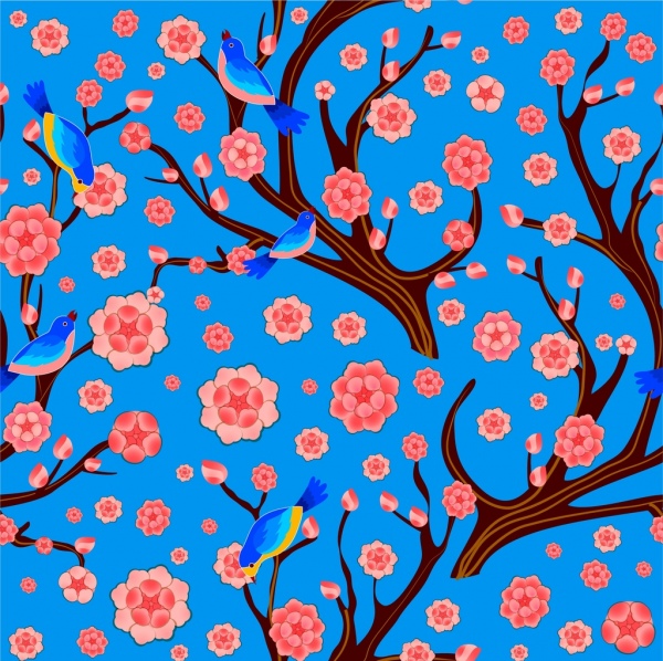 ornamento di sfondo rosso ciliegio blu uccelli di primavera