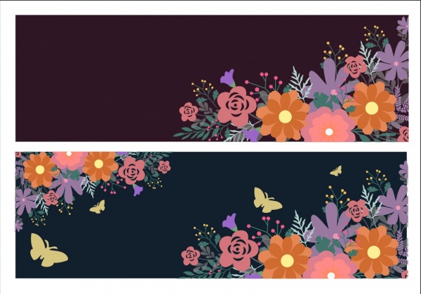 Frühlings-Hintergrund setzt bunte Blumen Schmetterlinge dunkle ornament