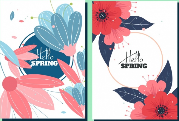 봄 배경 세트, 꽃들, 아이콘, 장식, 고전, 디자인