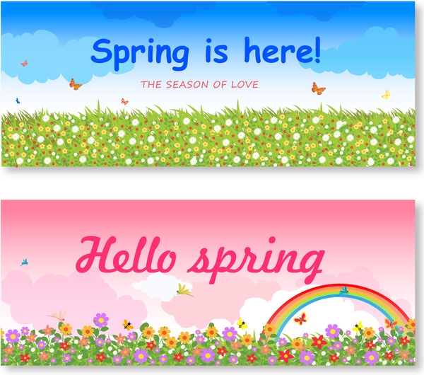 musim semi latar belakang set ilustrasi dengan bidang bunga