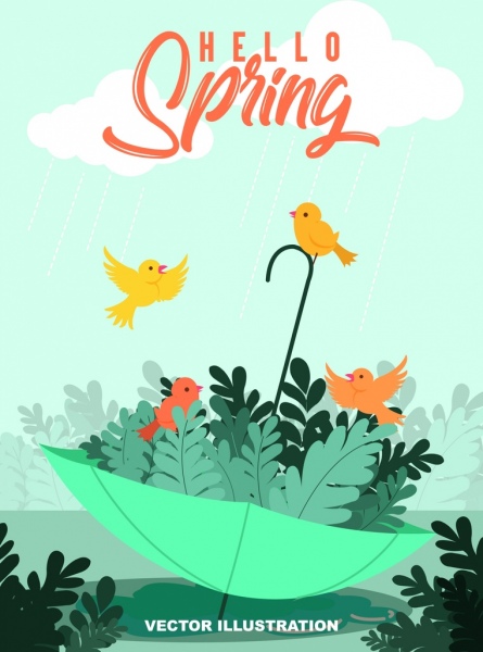 musim semi banner lucu burung daun payung ikon