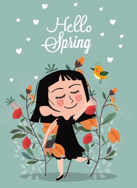 bunga musim semi banner gadis lucu ikon berwarna desain