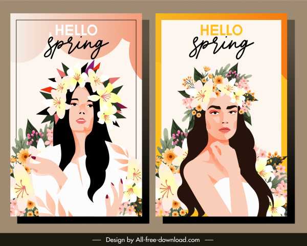 musim semi template banner wanita muda sketsa bunga dekorasi