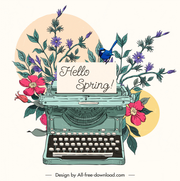 tarjeta de primavera fondo clásico floras máquina de escribir sketch