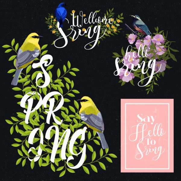 primavera projeto elementos aves flores ícones de design clássico