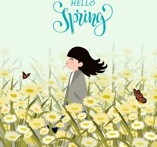 Primavera desenho menina flor campo ícones coloridos dos desenhos animados
