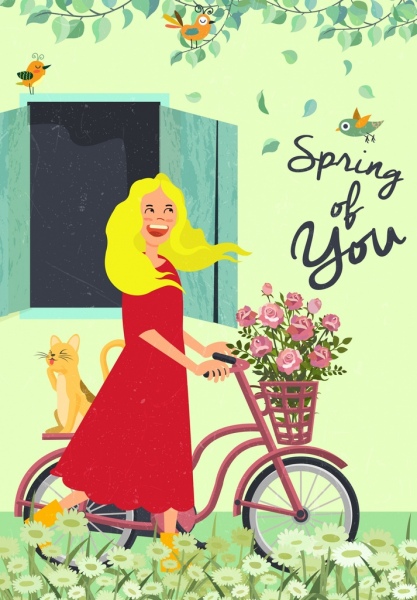 musim semi wanita gambar kucing bunga sepeda berwarna kartun