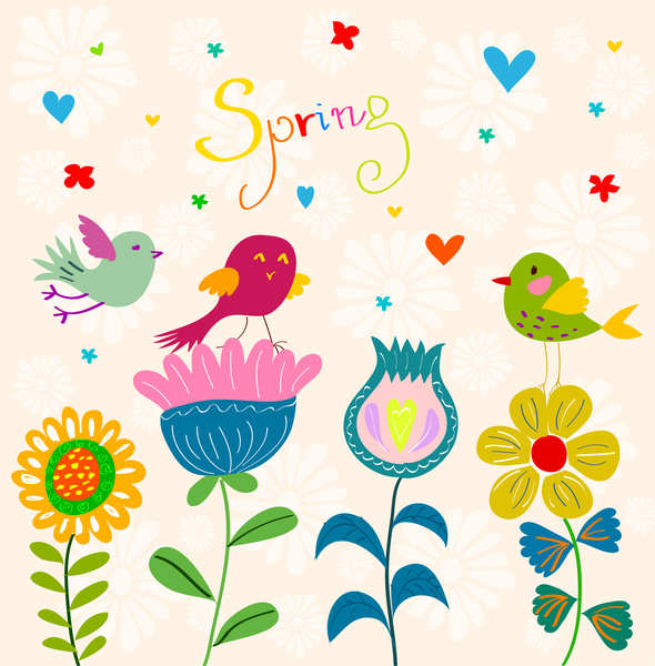 fundo de flores e pássaros de primavera