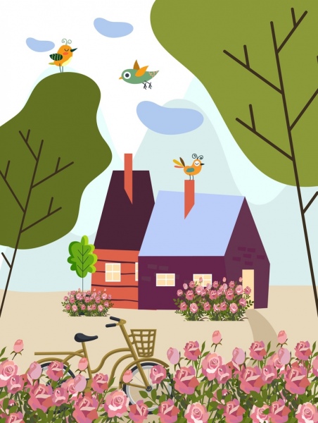 pintura de primavera árboles de la casa flores pájaros iconos decoración