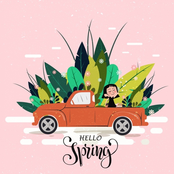 春天海报汽车女孩天然植物图标