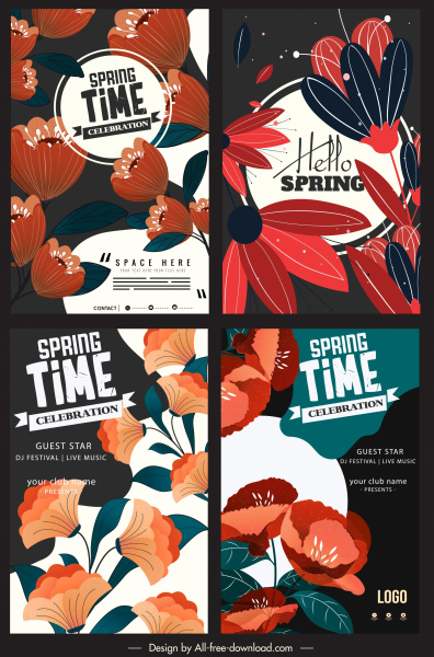 Poster musim semi template mekar Flora dekorasi warna-warni klasik