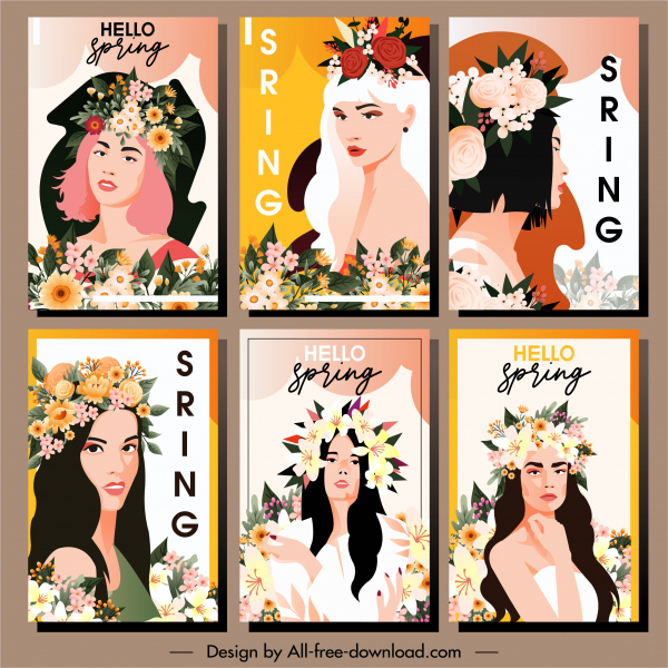 affiches de printemps jeunes filles portraits fleurs décor coiffure