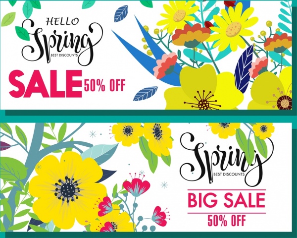 春季銷售橫幅，五顏六色的鮮花裝潢