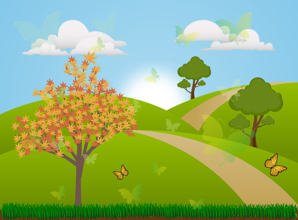 illustration vectorielle paysage avec style de vignette couleur de printemps