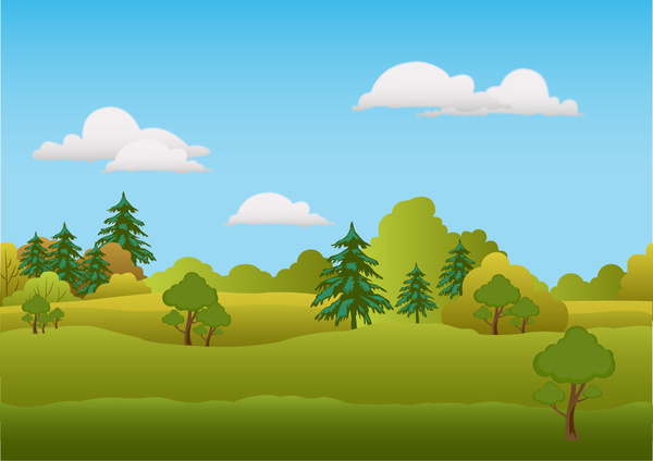 Frühling-Landschaft-Vektor-Illustration mit Bäumen auf Hügel