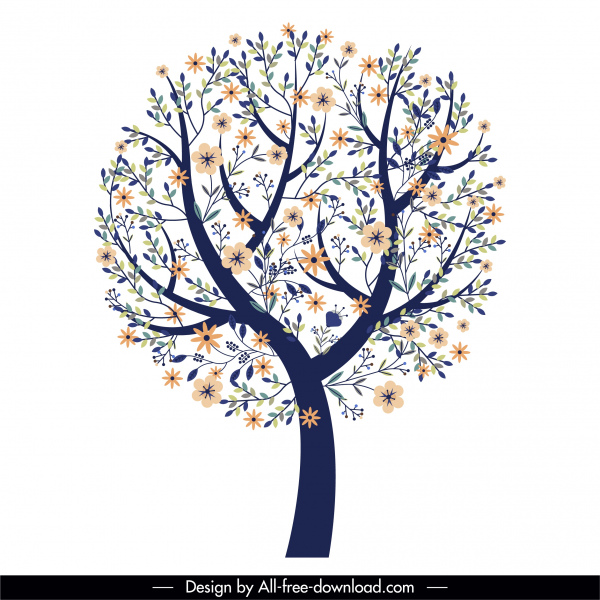musim semi ikon pohon mekar sketsa klasik datar