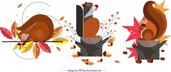 松鼠动物图标古典色彩缤纷的平面设计