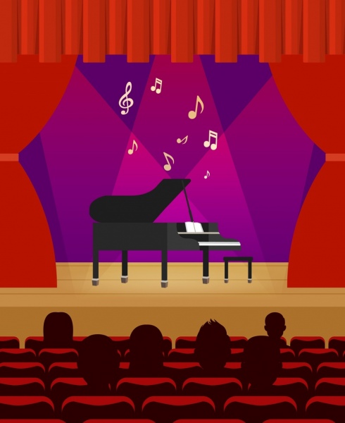 escena decoración cortina roja icono piano diseño