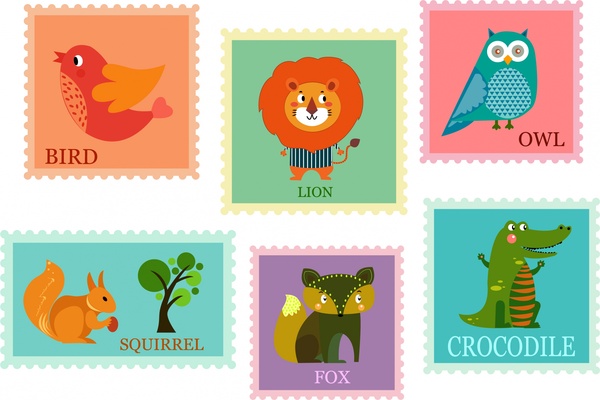 Desain koleksi perangko dengan latar belakang cute hewan