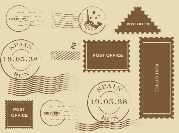 邮票收藏复古平面设计各种形状隔离
