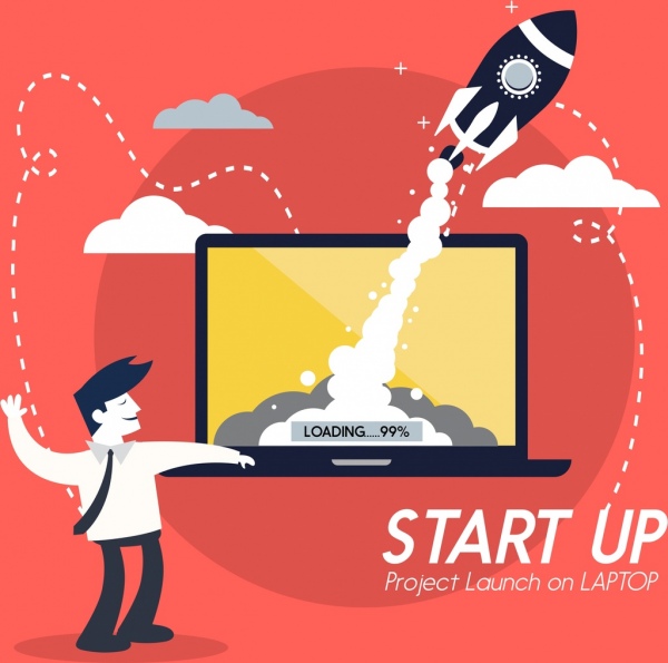 startup konsep banner laki-laki roket ikon layar komputer