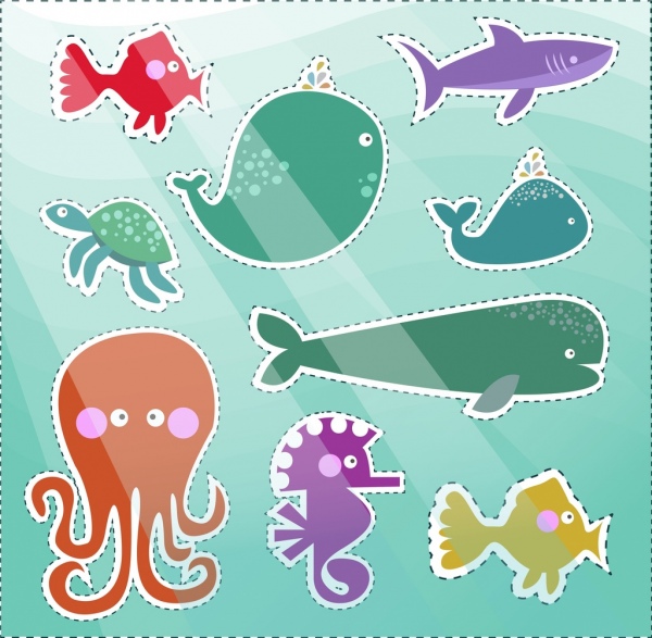 Sticker Sammlung Meerestiere Symbole flache farbige Gestaltung