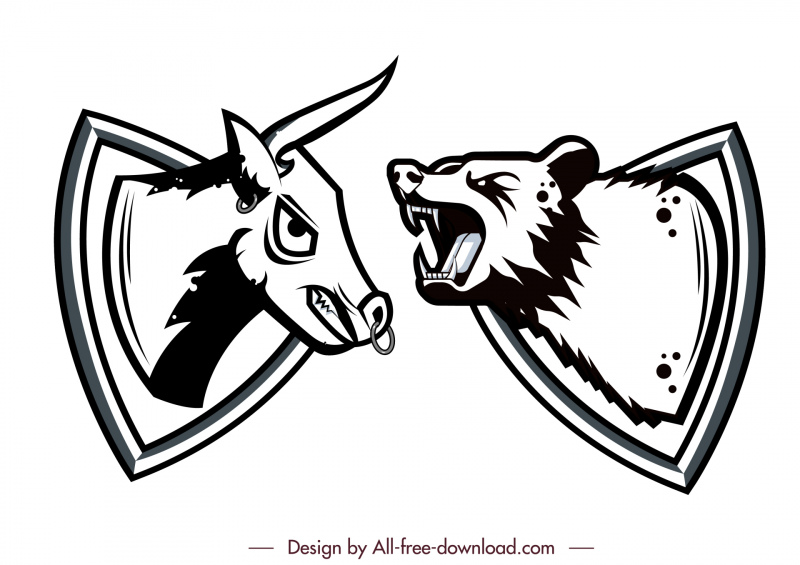 ícones do sinal de comércio de ações preto branco urso cabeça de touro esboço