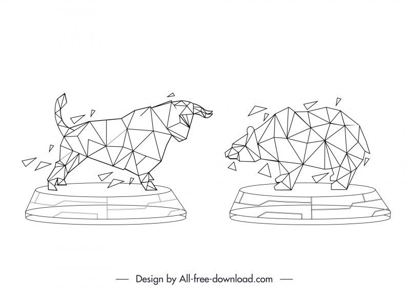 ícones de sinal de comércio de ações dinâmico baixo esboço de touro de urso poligonal